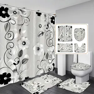 Creative Floral Flower Bathroom Shower Curtain Set, Includes Toilet Cover, Bath Mat, Hooks, Modern Home Decor, Christmas Gift