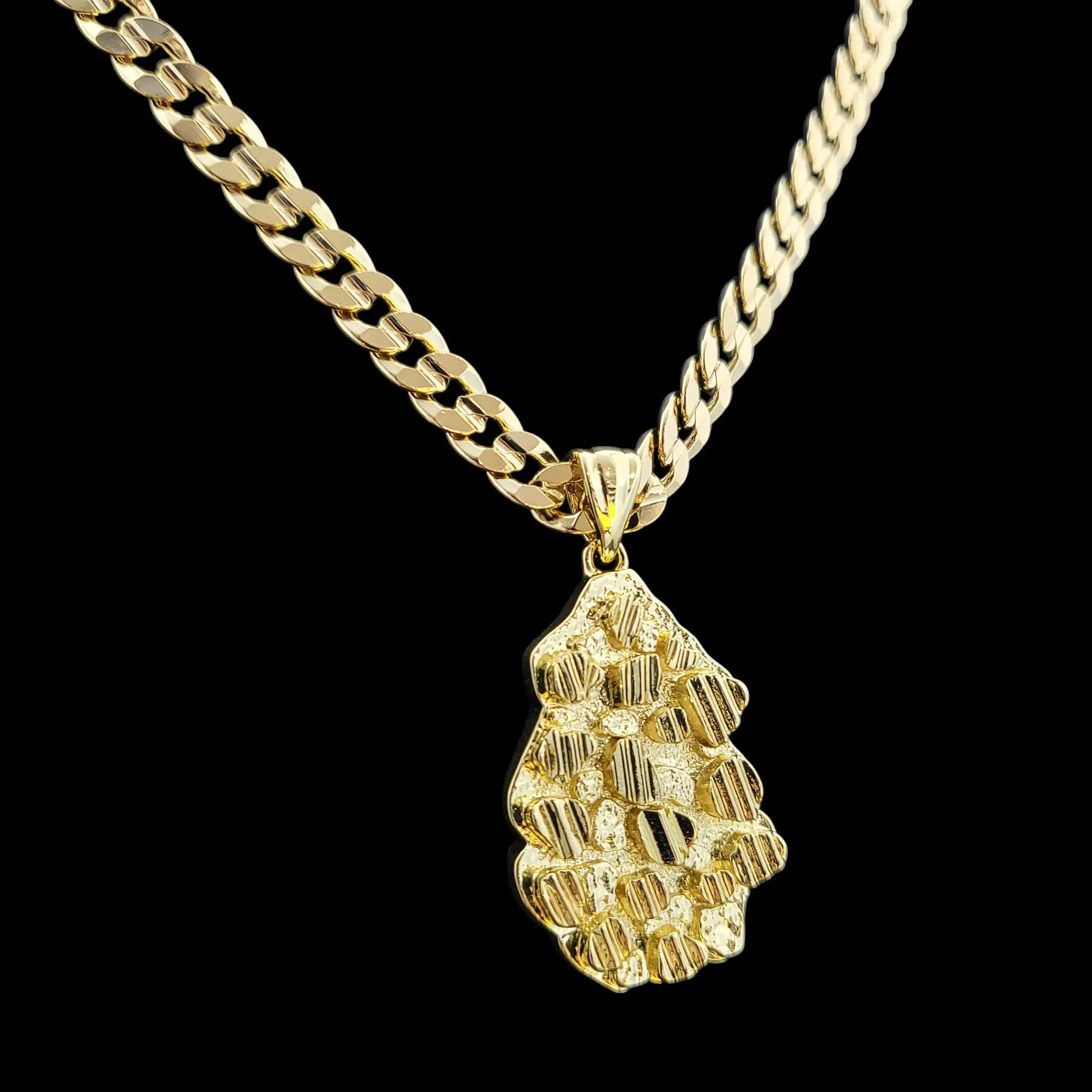 MaxBling81 AAA+ CZ High-End Brass Golden Nugget Pendant with 14K Stamped 6mm Cuban Chain Necklace, 20"-24" Length, Gold Statement Chain, Hip Hop Celebrity Style Daily Wear