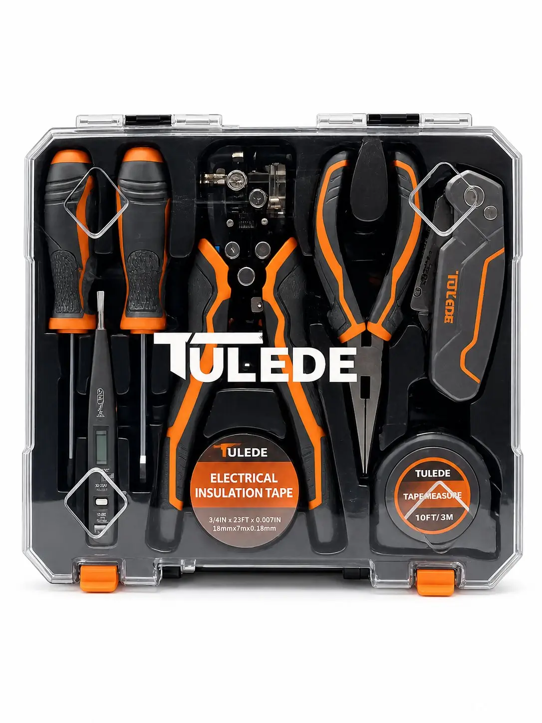 Electric Insulation Hand Tool Kit for Electrical Wiring Tasks, Includes 23ft Tape Measure, 6in Long Nose Plier, 8in Auto Wire Stripper, Digital Display Measuring Pen, 5*3in Screwdriver, PH 1*3in Screwdriver, Feet/Inches Measurement, Auto Stripper, 10Ft Ta