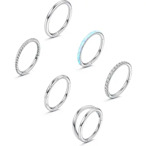 FLORIDECO 6PCS 18G Rustproof Surgical Steel Unisex Adults' Body Piercing Jewelry - Elegant Gold-Tone/Steel Synthetic Gemstone Clicker Hinged Hoops, 8MM/10MM for Nose Rings, Helix Cartilage (Daily Wear)