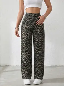 Women's Leopard Print Denim Jeans, Loose Fit Casual Straight Leg Pants, Trouser, Mid Waist Button Fly, Elegant Chic All Seasons Wear Womenswear