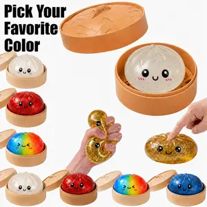 Glitter Dumpling Squishy Toy with Steamer Basket, Cute Soft Squeeze Fidget Toy steam bun