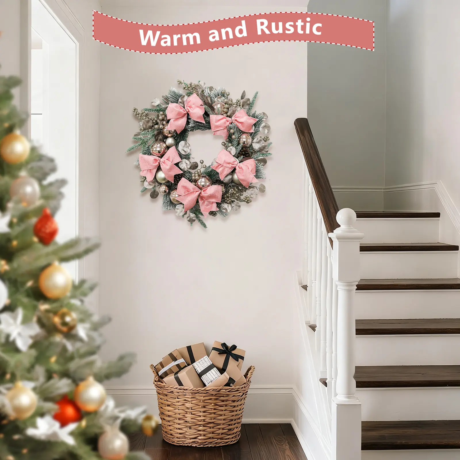 24-Inch Christmas Wreath Decoration with Shatterproof Balls & Bows Ornaments, Holiday Door Decor for Festive Holidays, Home Decor Ornaments