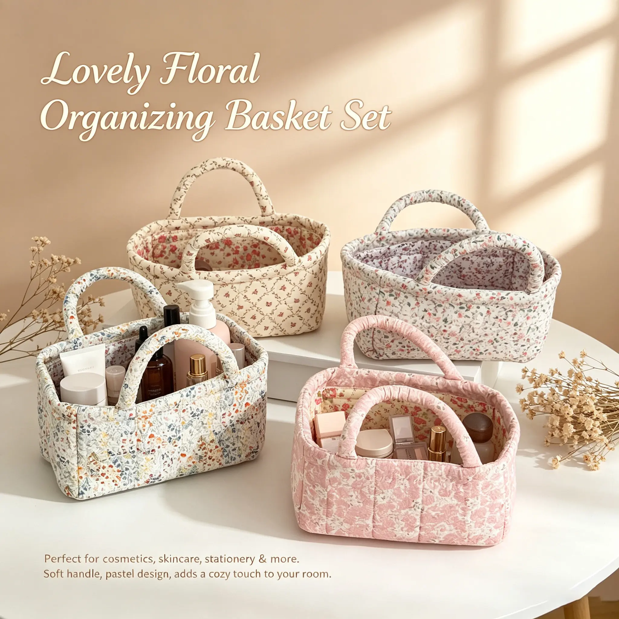 The jelly home Women's Rustic Floral Storage Basket - Small Pink, Room Accessories, Home Organization Storage, Stitched Detailing, Portable Handheld Desktop Organizer, Retro 4-Color Universal Bin for Small ItemsThe jelly home 
