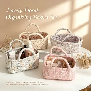 Rustic floral print storage basket with stitched detailing, portable handheld desktop organizer for small items—universal storage bin available in four colors, retro style suitable for multiple scenarios