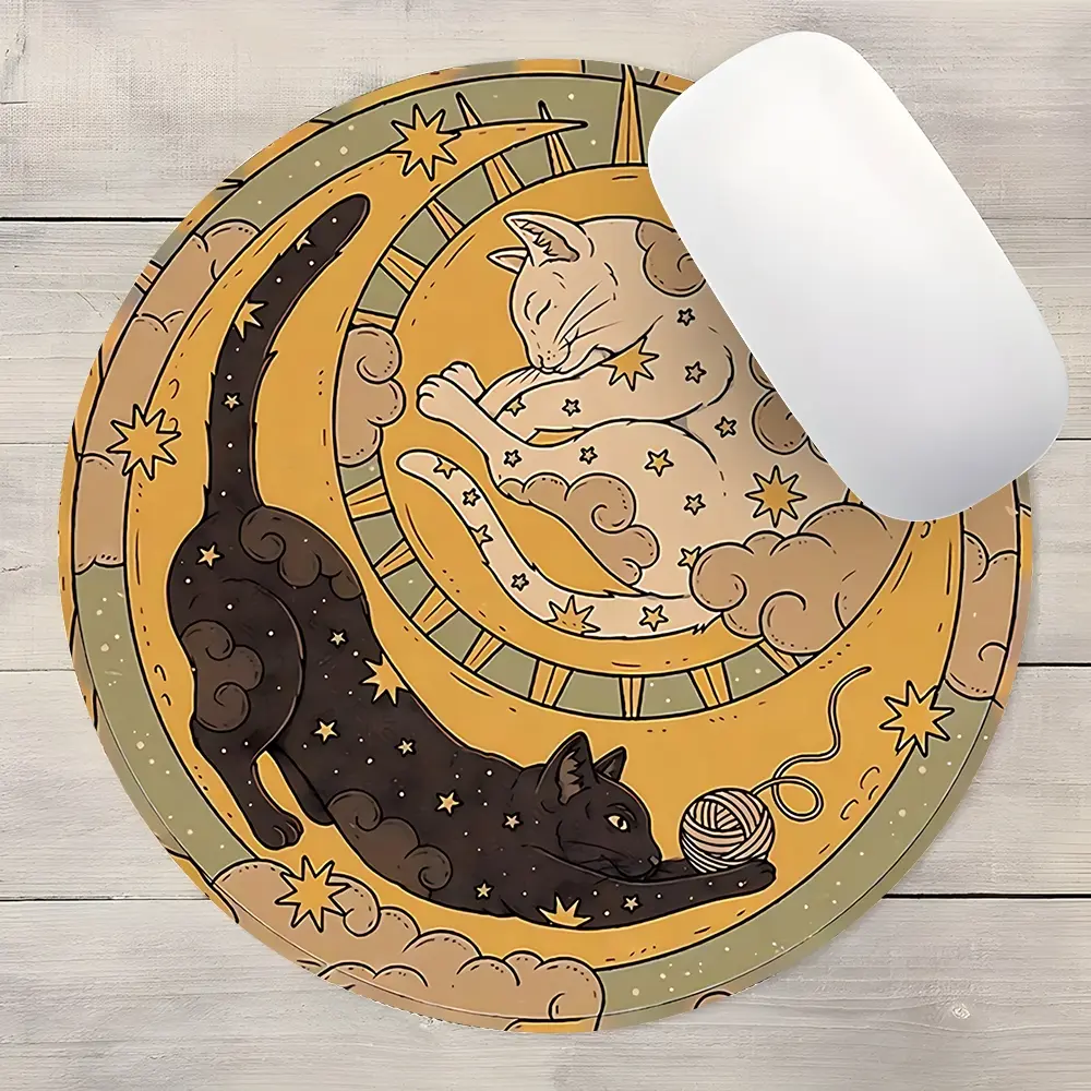 Boho Celestial Moon Cats Vintage Design Round Gaming Mouse Pad, Aesthetic Desktop Decorative Protective Pad, Rubber Anti-slip Lockedge Work Pad, Small Size Suitable for Laptop, Desktop Computer Games, Work, Family