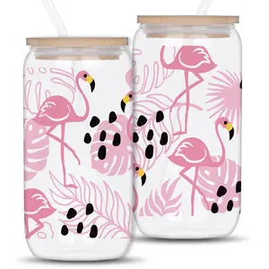 Flamingo Pattern Glass Cup with Bamboo Lid & Glass Straw, 1 Count 16oz Glass Tumbler, Unique Birthday Gift for Flamingo Lover, Drinkware, Glass Drinking Cup, Glass Water Cup
