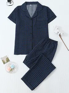 New Plaid Bubble Cotton Set, Pajama Set, Comfortable Soft Short Sleeve Top, Long Sleeve Pants High Sleepwear, Casual Floral Pattern, All Seasons