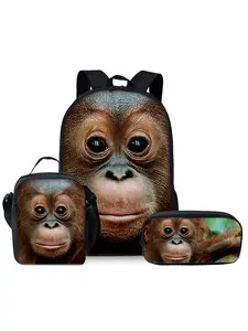Little Monkey Pattern Printed 17-inch Backpack Three-piece Set (Single-layer Backpack + Shoulder Strap Lunch Bag + Single-layer Pencil Bag)
