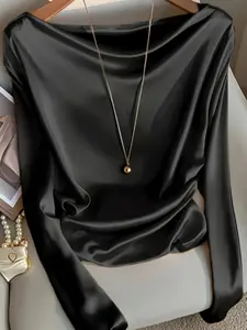 Elegant Plus Size Women's Satin Charmeuse Blouse, Fitted Scoop Neck Long Sleeve Top, All-Season Casual & Formal Wear Shirts, Smooth Texture