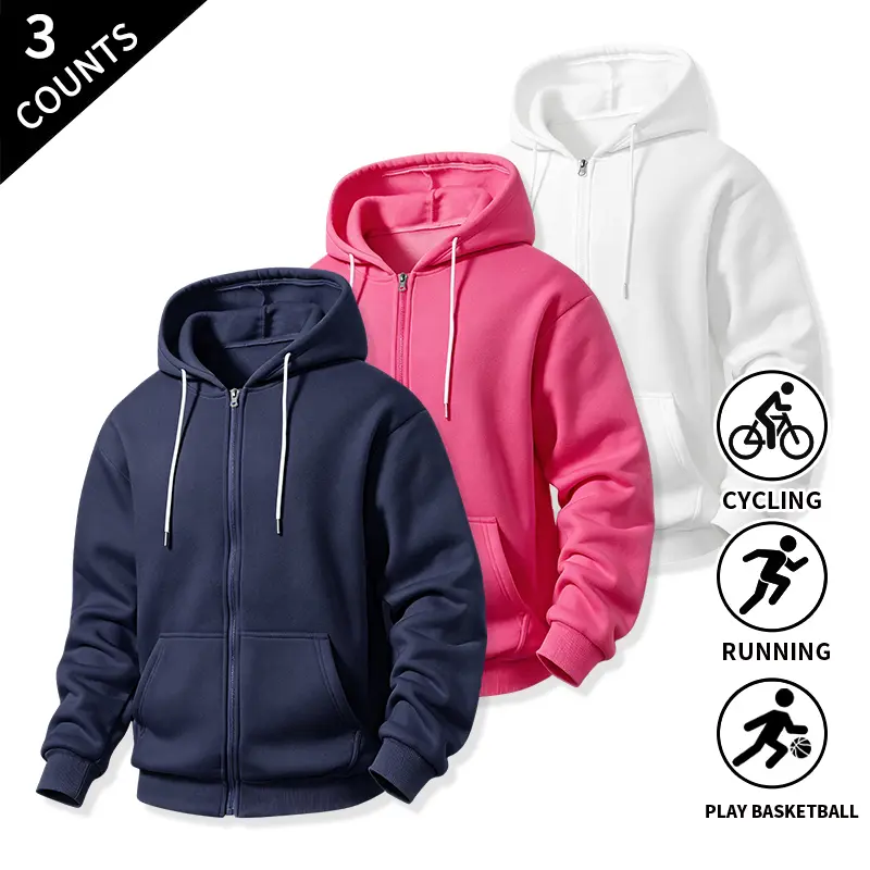 3-Pack Men’s Full-Zip Drawstring Hooded Jackets, Standard Fit, Front Pockets — Outer Tops for Basketball, Cycling, and Outdoor Sports Activities