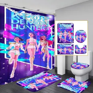 4-Piece Modern Bathroom Curtain Set, Colorful Background Shower Curtains, Includes 12 Hooks, Non-Slip Toilet Mat & U-Shaped Seat Cover, Shower Curtain Sets