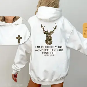 Popular Hoodies, Camo Deer I Am Fearfully & Wonderfully Christian Sweatshirt, 2 Side Camo Hunting Season Faith Graphic Hoodie, Fall Tee, God Jesus Design Tee, Christian Faith Casual Sweatshirt Hooded Outfiter Gift For Best Friend HusBand Wife