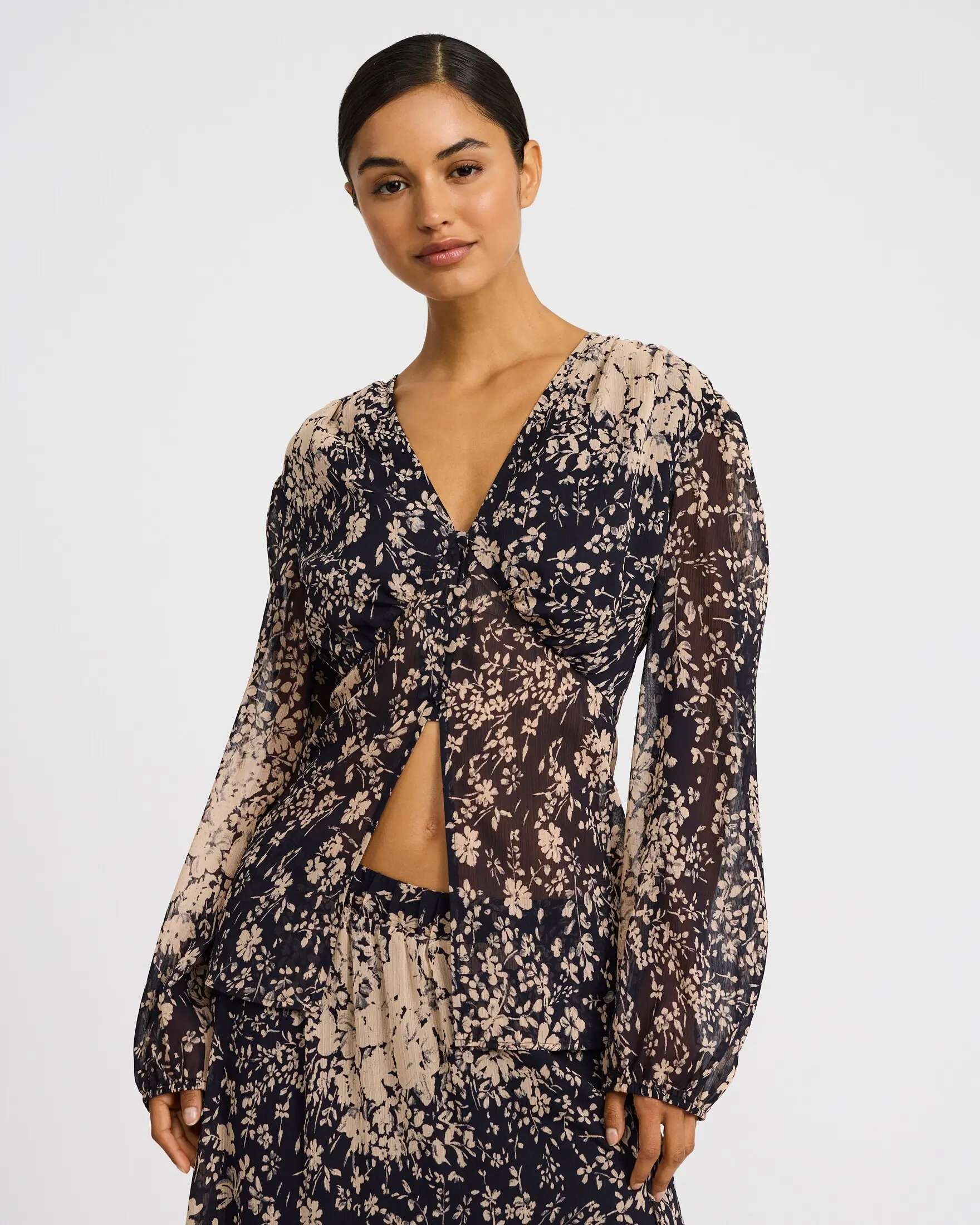 Express Floral Chiffon V-Neck Long Sleeve Button Front Top