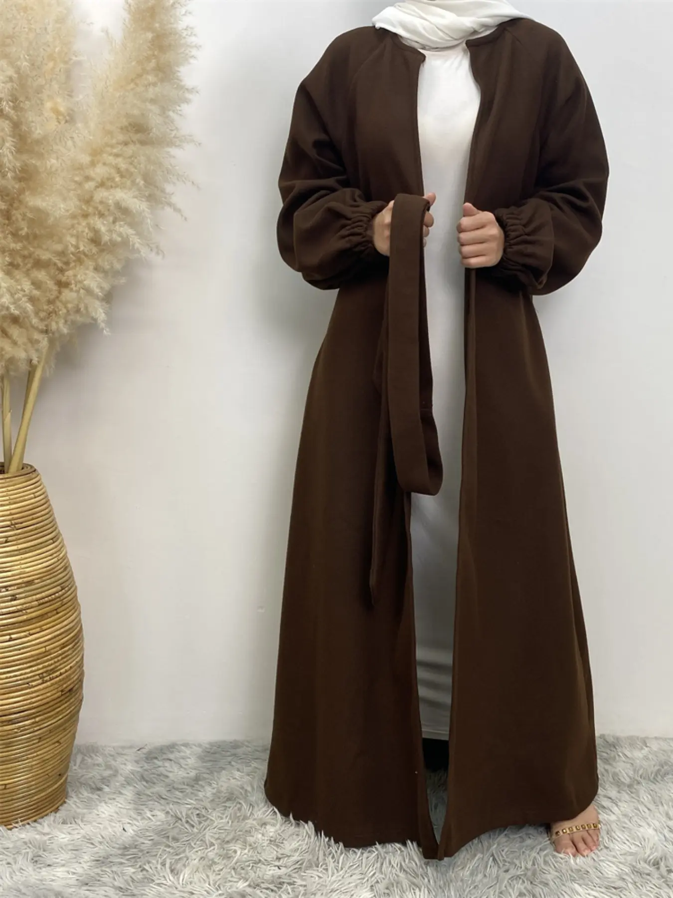 Fashion Slim Fit Muslim Cardigan, Long Sleeve European Style Jacket Outerwear with Pockets, Casual Fall & Winter Wear for Women, Cover Up Cardigan, Belted Wrap Cardigan