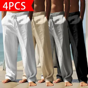 4-Pack Men’s Linen Blend Wide-Leg Pants, Elastic Waist Drawstring Casual Trousers, Lightweight Breathable Bottoms, Perfect for Summer, Beach, Vacation, Everyday Wear, and Relaxed Outfits.