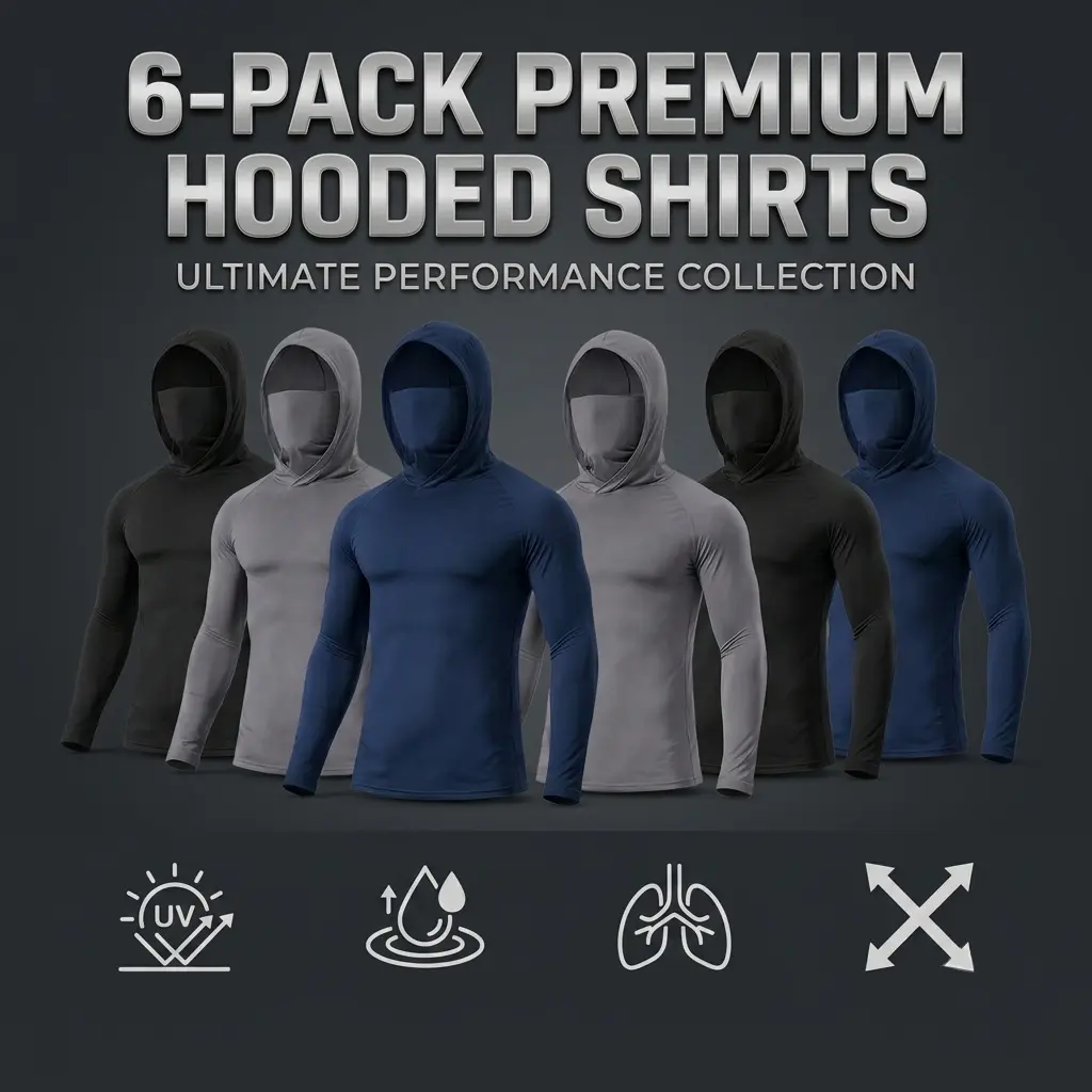 6 PCS Unisex Cooling Hooded Athletic Shirts with Face Cover, Quick Dry Breathable Long Sleeve Compression Activewear for Fishing, Running, Camping, Construction, Hiking and Outdoor Sports