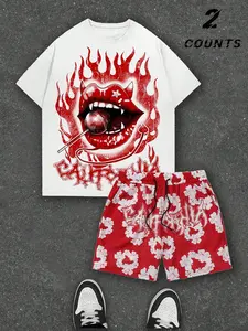 Summer street fashion and dark aesthetic casual Matching two-piece set, Fitted, Round neck, flame and lip print T-shirt with star print shorts, streetwear, subcultural style, suitable for everyday wear, ideal for hip-hop enthusiasts, Men's