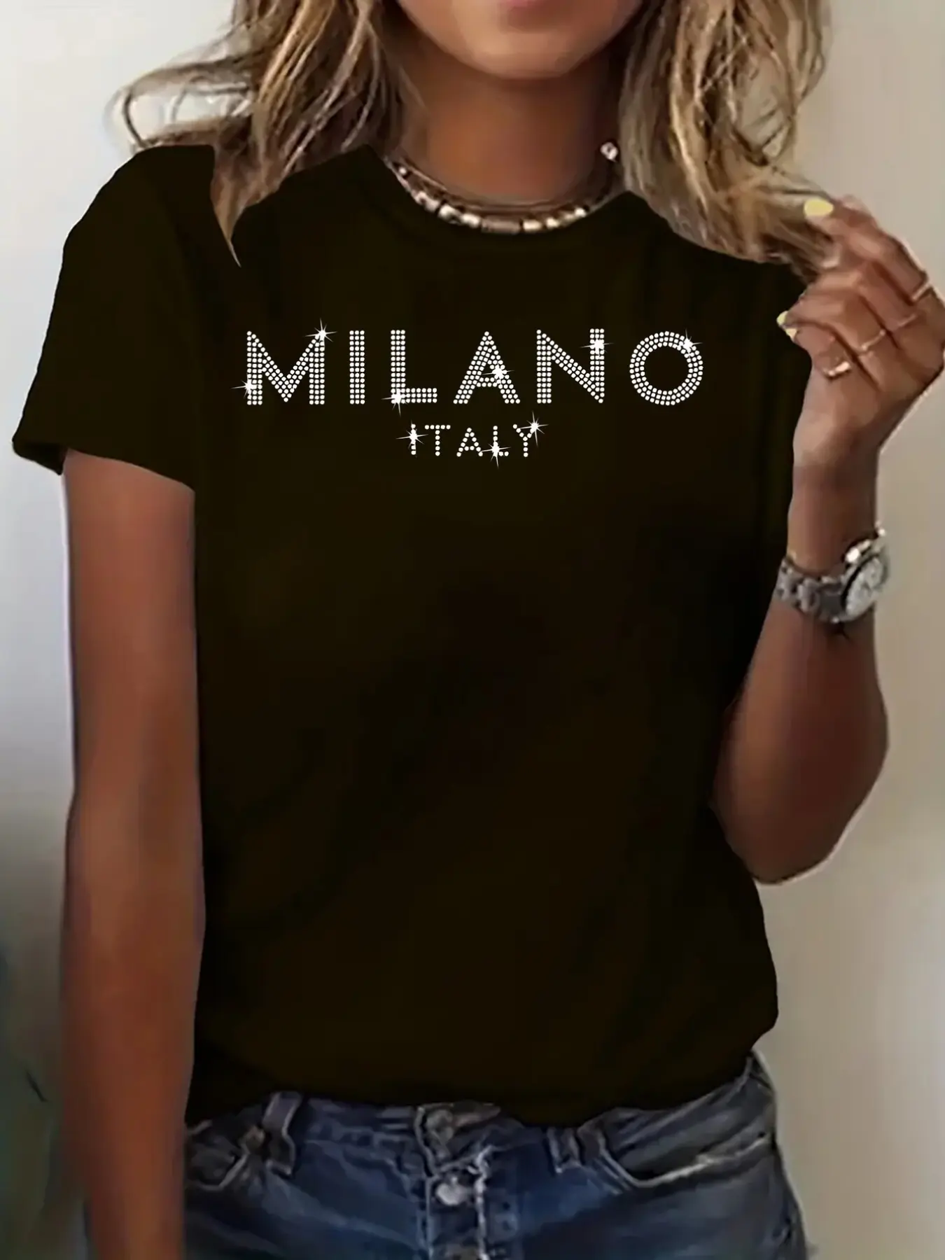 Wo Italian Graphic T-Shirt - Black with Milano Italy Lettering - Lightweight Everyday Casual Top for Spring Summer Fall - Minimalist European Travel, Ladies T Shirts, Soft Texture Shirt