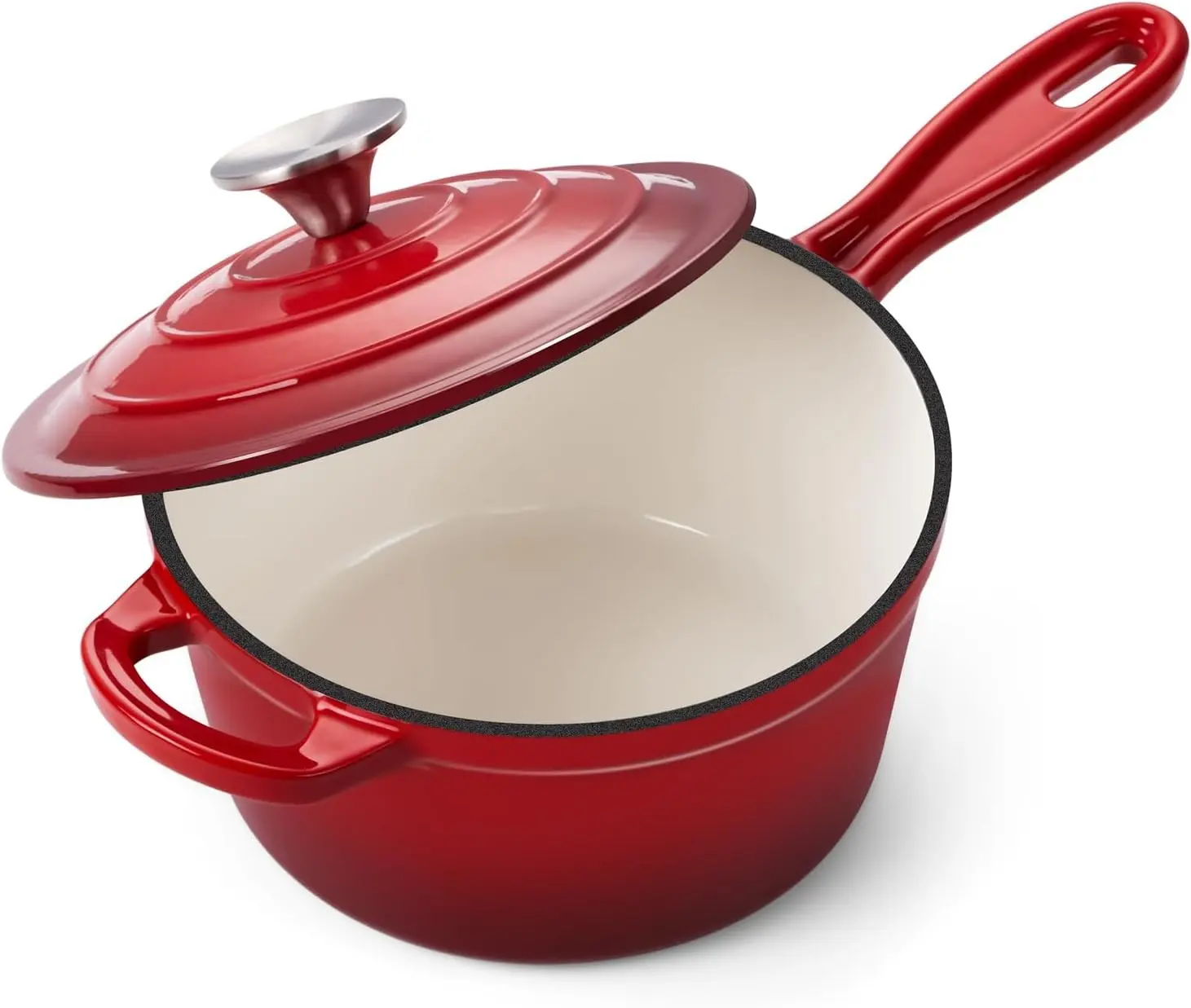 2QT Saucepan with Lid, Enameled Cast Iron Sauce Pan Pot, Small Dutch Oven Cooking Kitchen Pot, Nonstick & Heavy Duty – Red