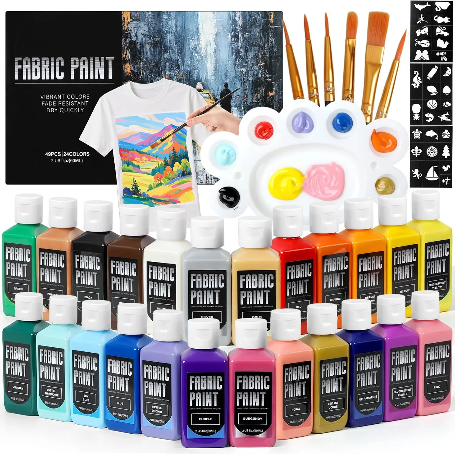 Fabric Paint Set - Permanent and Washer Safe, in Bottles (60ml/2oz), Non-Toxic Certified Fabric Paint with Brushes and Stencils, Textile Paint for Clothes, DIY Projects, Creative Gift for Christmas, Birthdays, #Summervibes, #SummerFinds