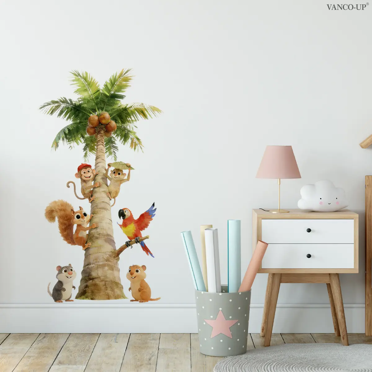 A cute wall sticker, Wall Decal of coconut trees, monkeys and parrots for a lovely nursery (30*60cm), self-adhesive decorative sticker for living room, hallway, corridor and children's room to beautify home
