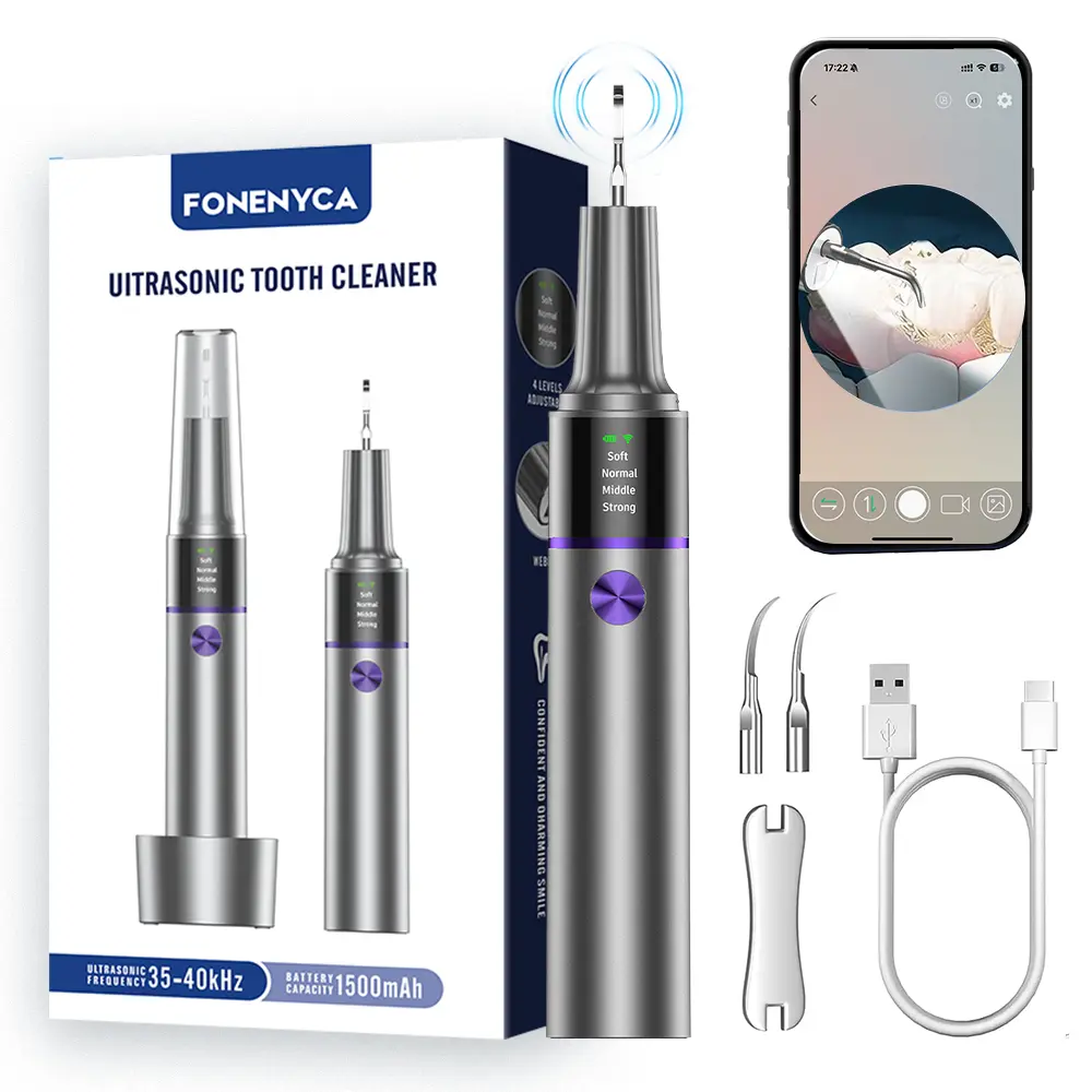 FONENYCA Professional Smart Ultrasonic Dental Scaler & Teeth Cleaner with WiFi App Visual Tartar Remover Electric Kit 4 Modes LED Light Rechargeable 2 Replaceable Brush Heads for Plaque Removal