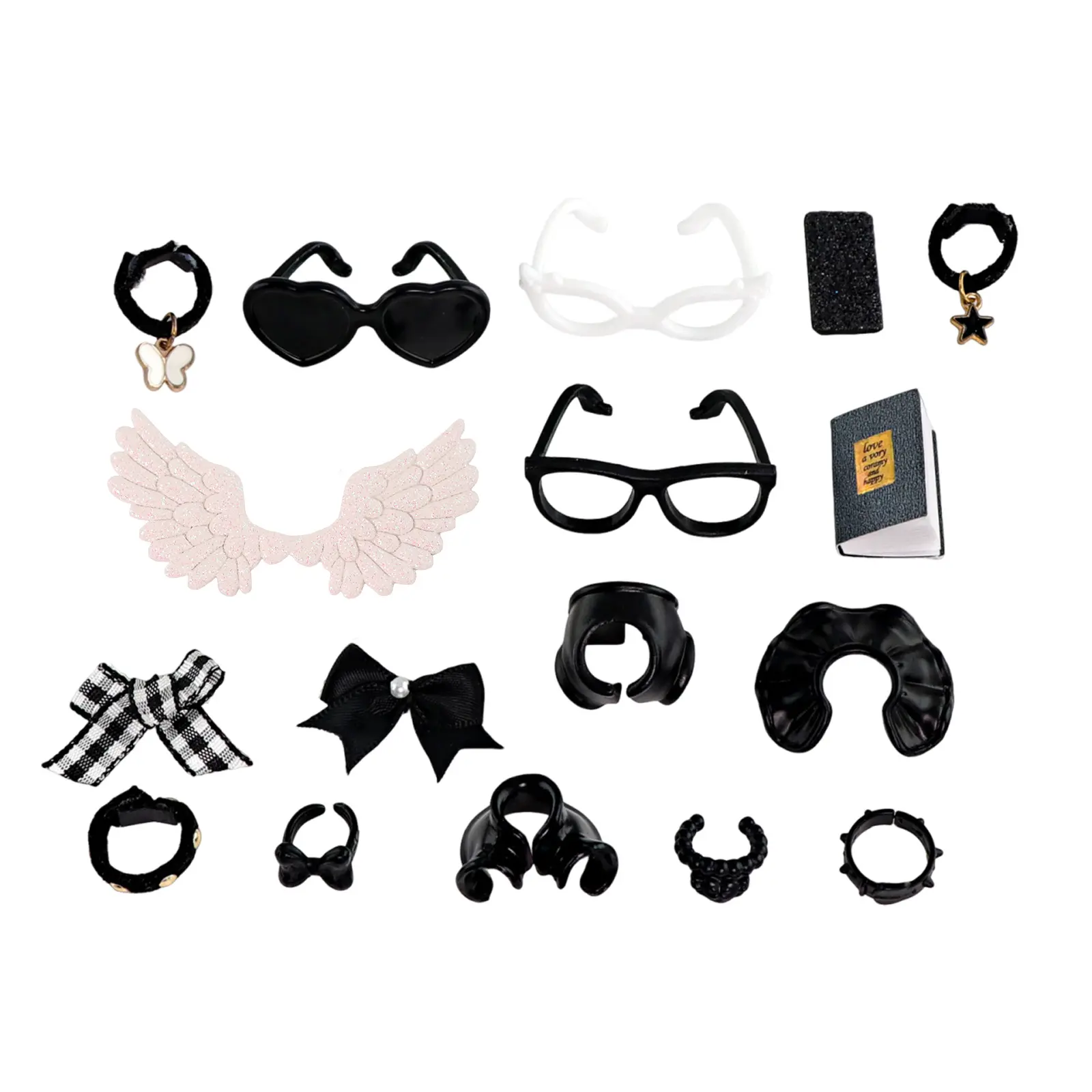 16 PCS Mini Fashion Pet Shop Figures Accessories Set, Black & White Gothic Style Tiny Glasses, Wings, Hair Bows, Rings, Bracelets & Mini Props, Doll Dress Up Outfit Decor Kit for Small Size Fashion Doll Customization
