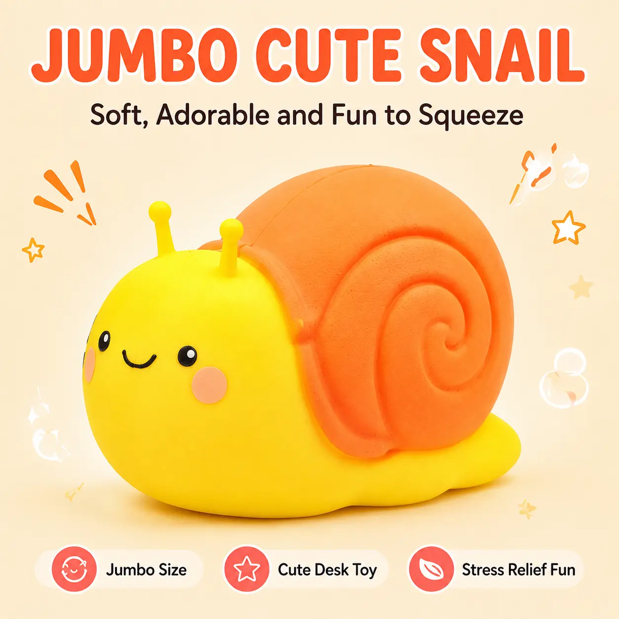 Kawaii Jumbo Snail Squishy - Soft Plush Sensory Fidget Toy, Unisex Stress Relief Desk Toy, Relaxing Gifts