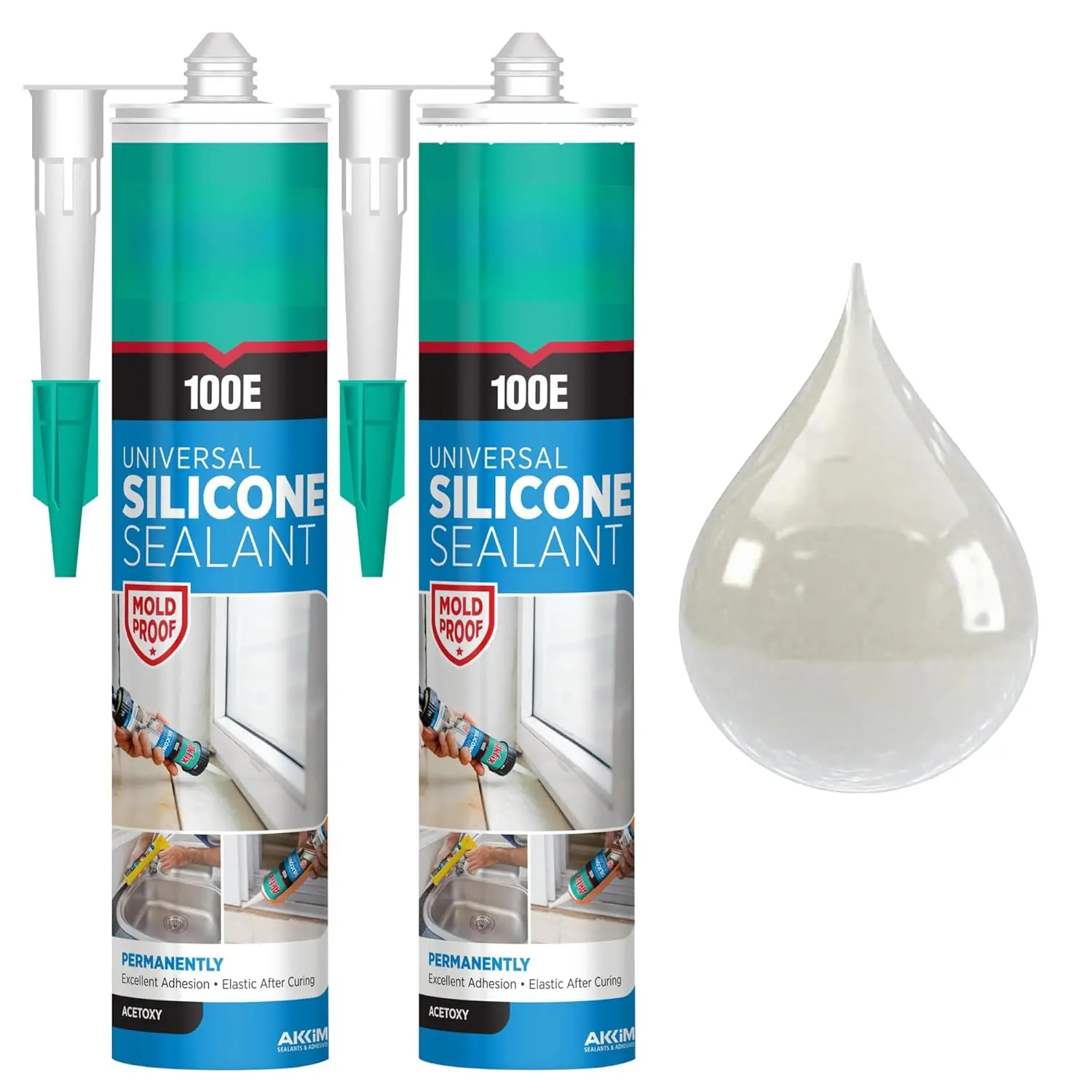 100E RTV Silicone Caulk Clear (2x10.1 fl.oz.) -  Silicone Sealant Waterproof for Kitchen and Bathroom, Shower, Toilet, Sink, Window and Door, No Discoloring | Clear, 2 Pack
