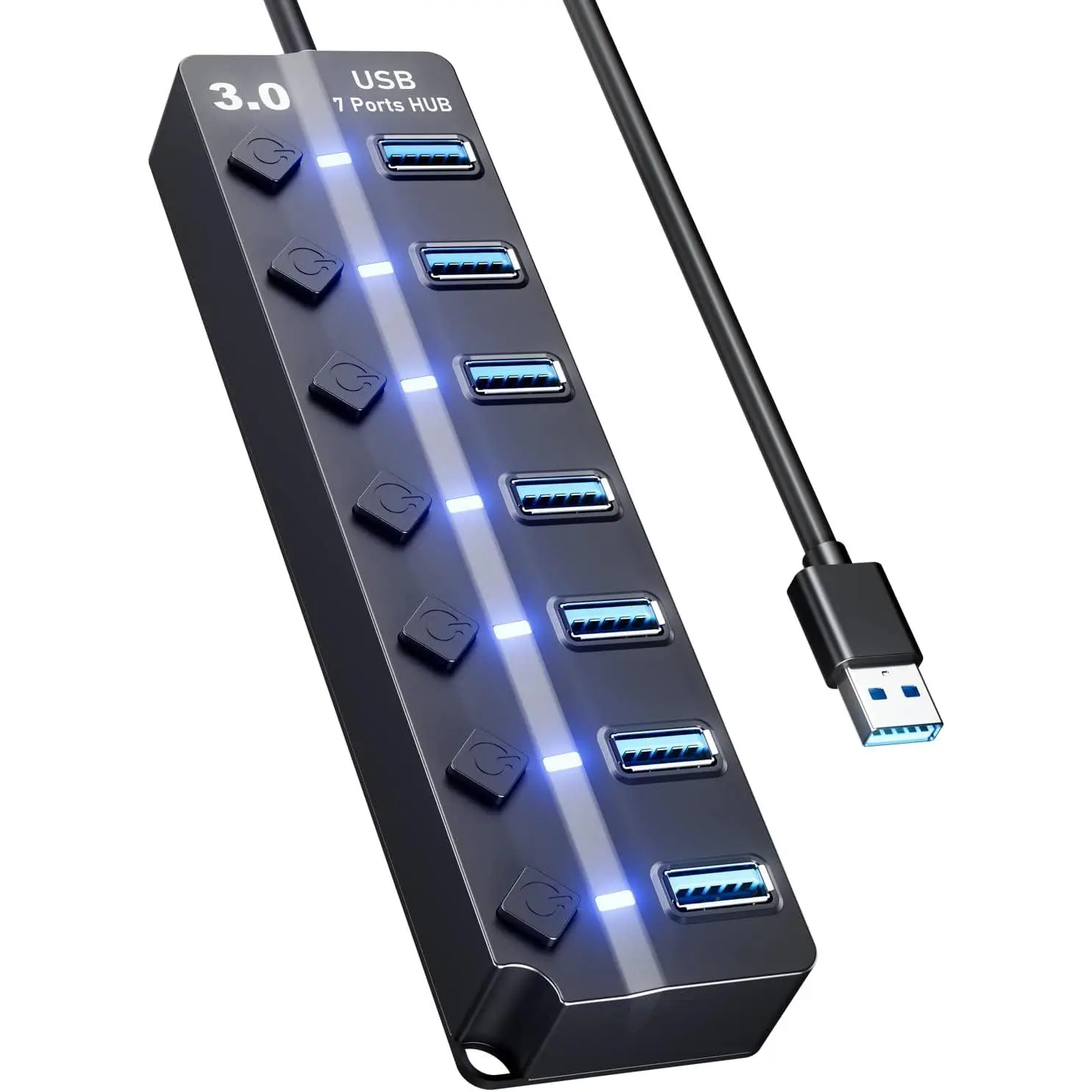 USB Hub 3.0,  7 Port USB hub with LED Individual On/Off Switches and Extended Long  for MacBook,  Pro,  Mini, iMac, Surface Pro, XPS, PC