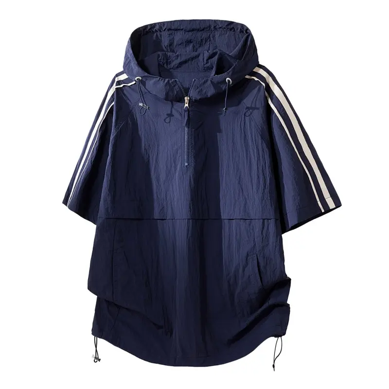 Men's Stripe Raglan Hooded Half-Zip Short Sleeve Jacket, Loose Quick Dry Casual Pullover Top, Lightweight Breathable Outerwear For Summer Camping, Street And Daily Commute#SummerWins