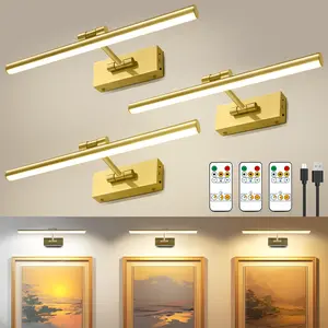 3 Pack Picture Light Battery Operated for Wall, 16" Wireless Display Art Lighting for Painting with Remote, Dimmable Library Light, Gold Picture Frame Lights for Gallery