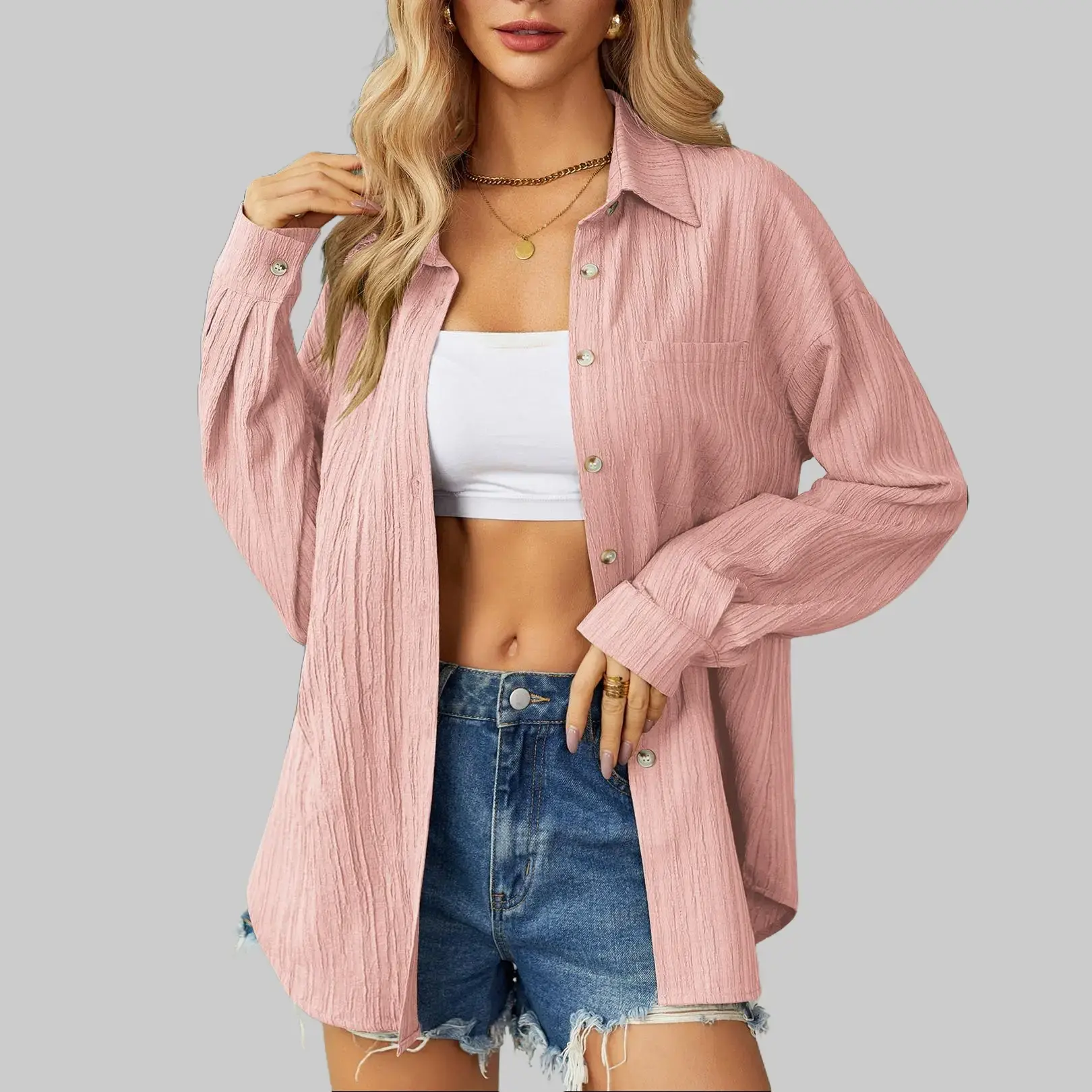 Womenswear Basic Casual Button Down Long Sleeve Shirt with Textured Collar and Pocket Minimalist Collared Blouse for Summer