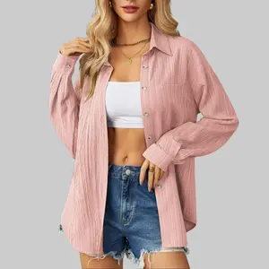 Womenswear Basic Casual Button Down Long Sleeve Shirt with Textured Collar and Pocket Minimalist Collared Blouse for Summer