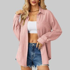 Womenswear Basic Casual Button Down Long Sleeve Shirt with Textured Collar and Pocket Minimalist Collared Blouse for Summer summerwins