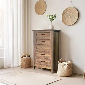 【Christmas Gift】Farmhouse 5 Drawer Dresser Tall Rustic Wood Chest with Vintage Finish Spacious Storage Organizer for Bedroom Living Room Brown
