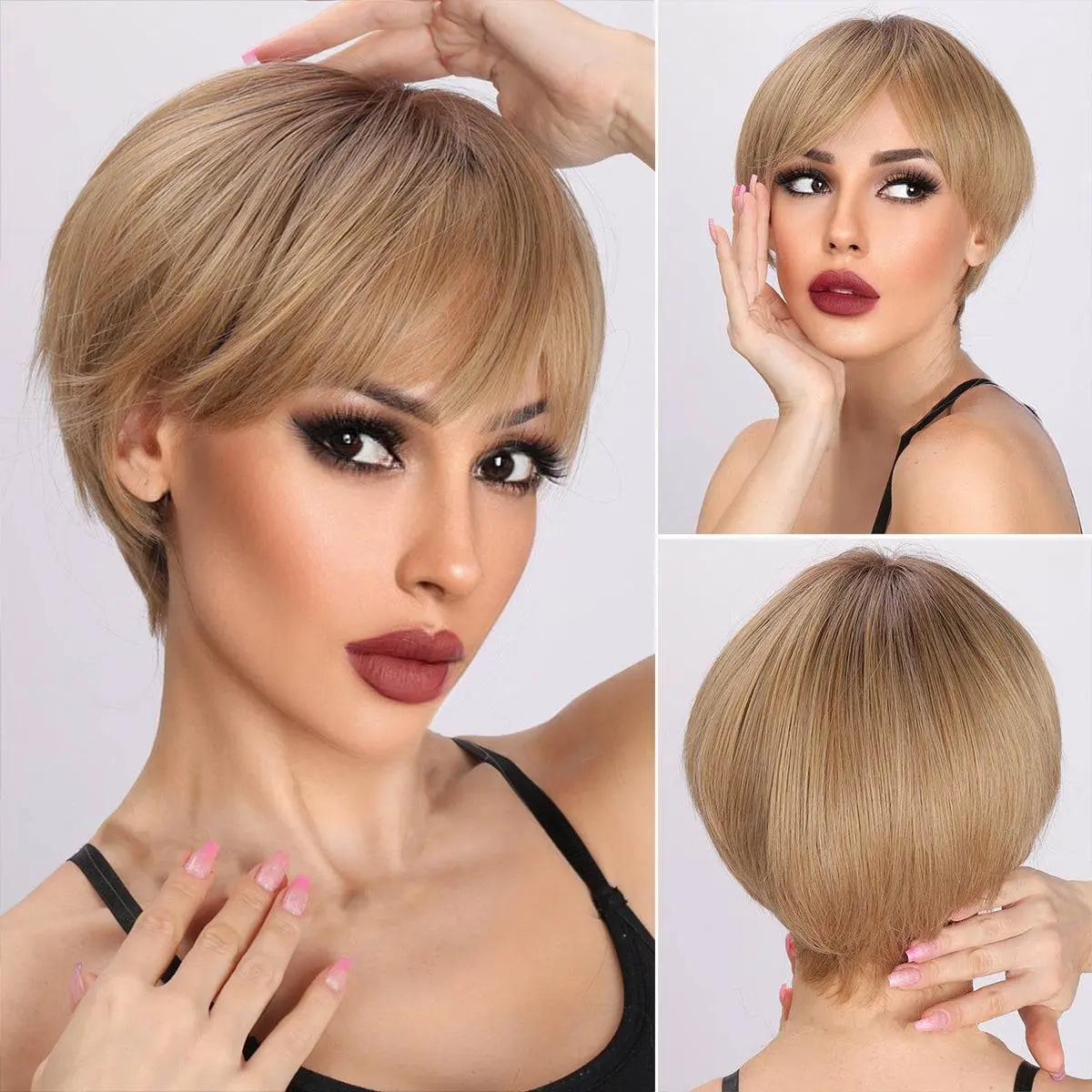 Smilco Ombre Gold Yellow Bob Wig with Bangs, 8-inch Straight Heat-Resistant Synthetic Hair for Women with a Soft Natural Look, With Bangs Wig Fluffy Straight Wigs Platinum Blonde Wigs