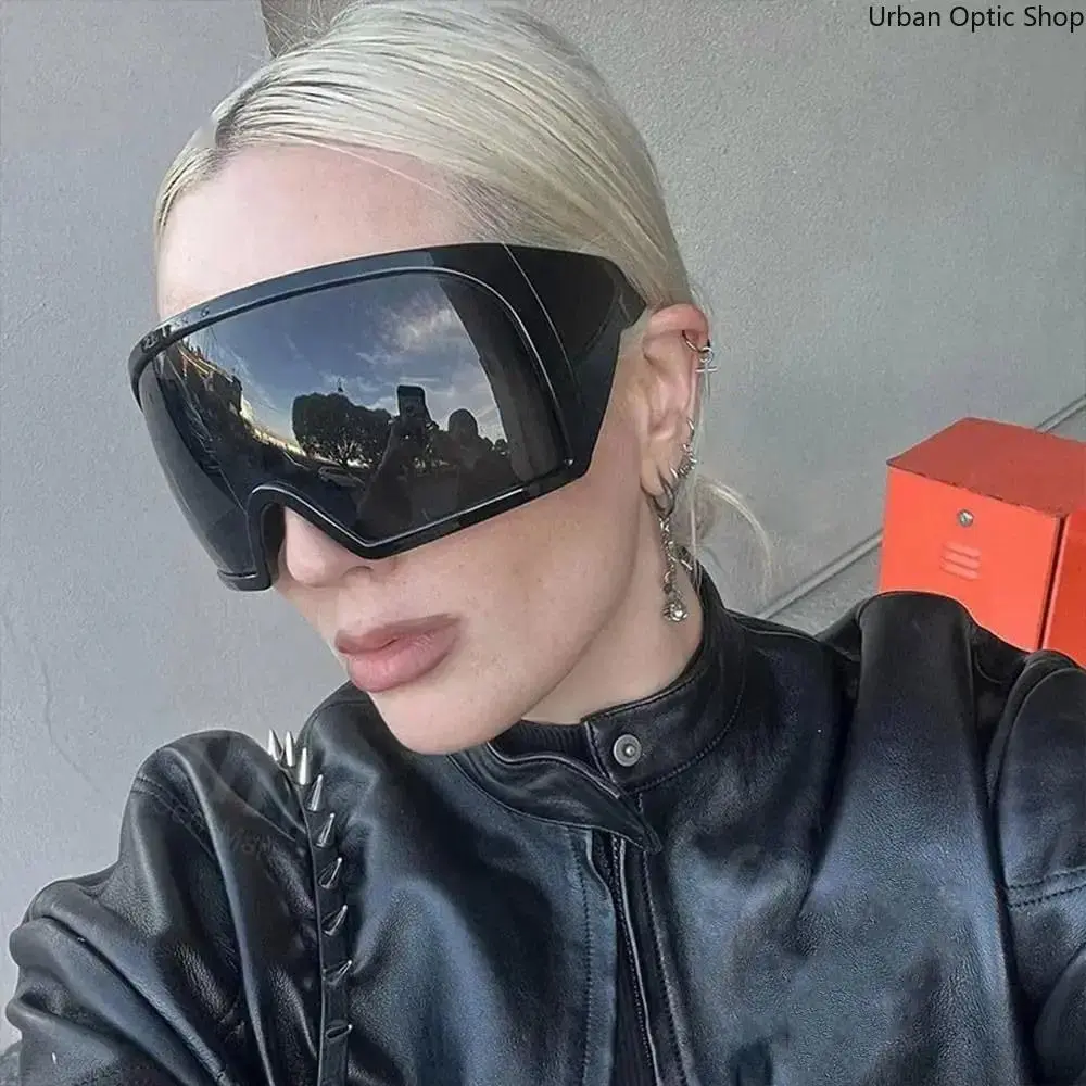 XUH Futuristic Oversized Wrap Around Sunglasses, Curved Lens UV400 Protection 2000s Y2K Eyewear, Cool Steampunk Style Rave Party Sun Glasses