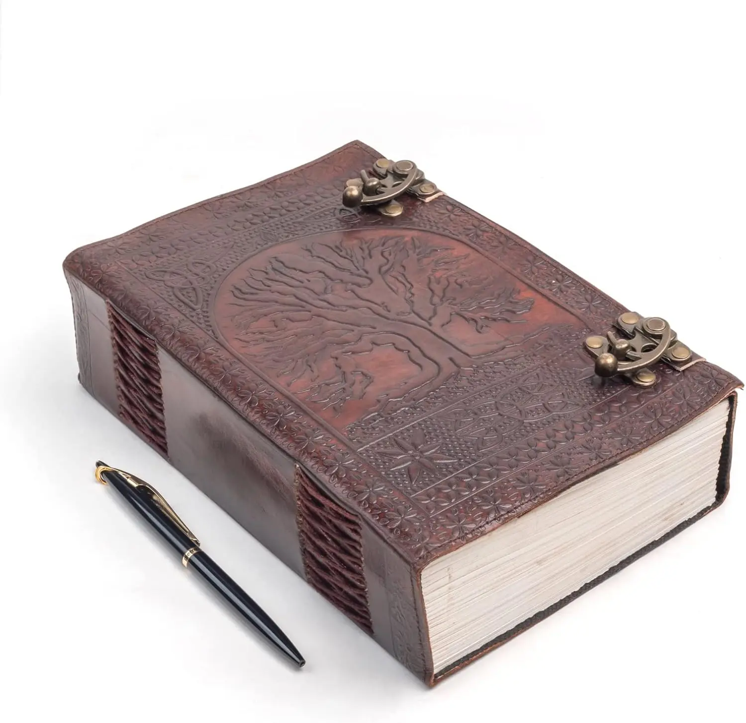 600 Pages  Large Leather Journal Diary Embossed Tree of Life Book Of Shadows Notebook Writing Seven Chakra Grimoire Sketchbook 7 x 10 Leather Bound (Brown)