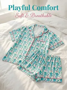 A two-piece women's pajamas set, Loungewear Nightwear featuring a monkey print that can be worn outside, with soft and comfortable short-sleeved top and elastic shorts. This pajamas set is a must-have for New Year gifts and Valentine's Day