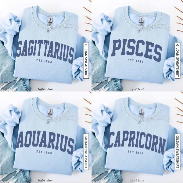 (Leave A Note or DM to Shop) (Ver 3) Custom Zodiac Sweatshirt – Light Blue Color, Custom Year-Est Your Year Astrology Pullover, Cute Horoscope Energy Gift, Unisex Crewneck Sweatshirt, Birthday Zodiac Sign Outfit - HARSIN