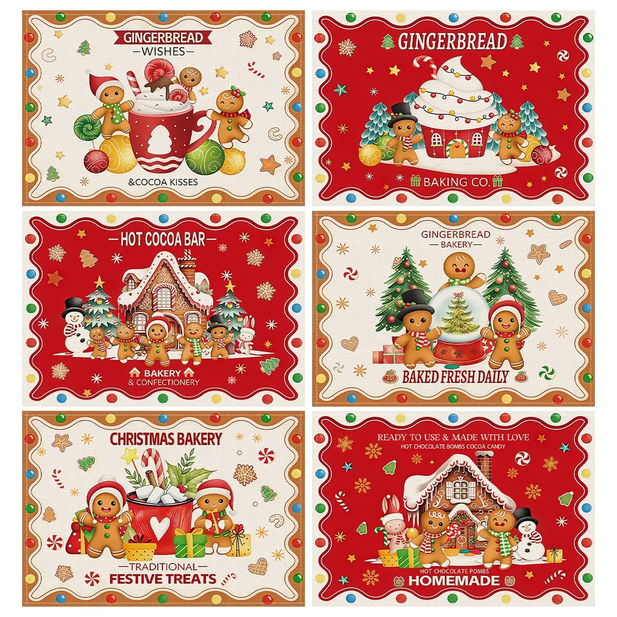 4/6pcs Christmas placemats, Christmas gingerbread baking house printed coasters, Christmas candy Christmas tree hot cocoa patterned plate mats, dining table non slip insulation mats, winter dining table mats, party supplies, holiday decorations
