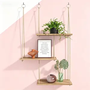 3 Tier Hanging Plant Shelves for Wall, Boho Floating Shelf Rack Rustic Wood Rope Organizer, Wall Mounted Plant Holder for Indoor Outdoor Decor, Storage Hanger for Living Room Bedroom Kitchen Bathroom