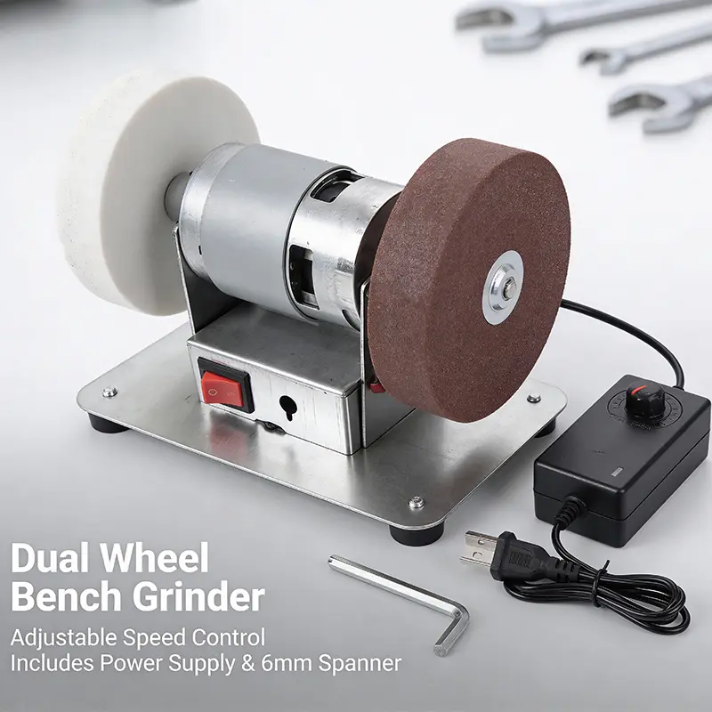 100W Mini Grinder 7-Speed 3000-6000RPM Electric Benchtop Sander with 2 Grinding Wheels for Metal Sharpening DIY