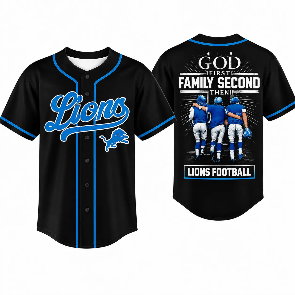 D3tr0it L10ns Football Baseball Jersey for Men and Women, God First Family Second Team Graphic Button Down Shirt, Blue and Black Game Day Sportswear, Two Sided Fan Outfit, Gift for Football Lovers, Dad, Husband and Boyfriend, Trending Style 2026