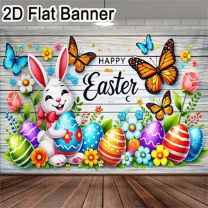 2D flat banner, Party Decorations Banners, 1pc Cheerful cartoon white rabbit Easter backdrop, perfect for festive celebrations, Easter parties, spring-themed decorations, photography props, indoor/outdoor events, home decor. Includes colors, decorat