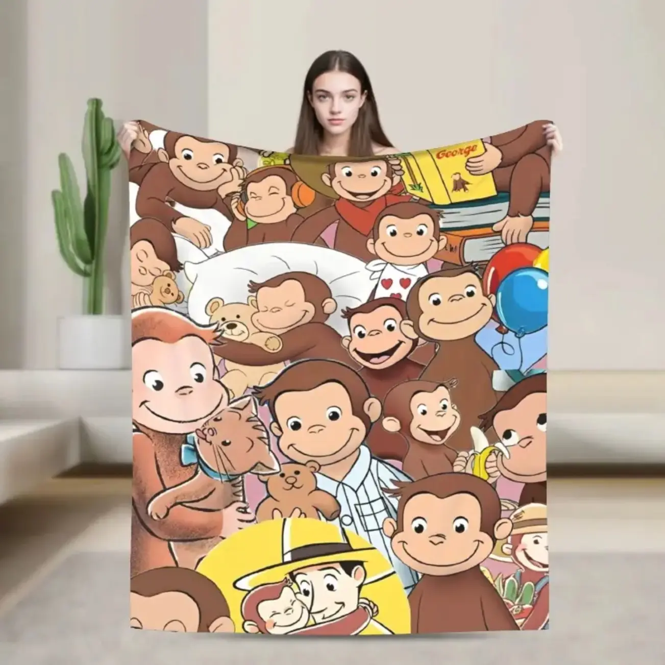 Curious George Monkey Theme Flannel Blanket - Soft, Warm, Wrinkle-Resistant All-Season Throw for Couch & Bed, Kids Rooms Decor, Christmas/Birthday Gift for Classic Cartoon Fans