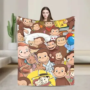 Curious George Inspired Flannel Blanket Soft Warm Cartoon Monkey Throw Blanket for Couch Chair Sofa Bed Funny Decorative Bedspread Kids Room Decor Birthday Christmas Gift for Fans Classic Anime Merchandise Cute Aesthetic Room Decor Cozy Bedding