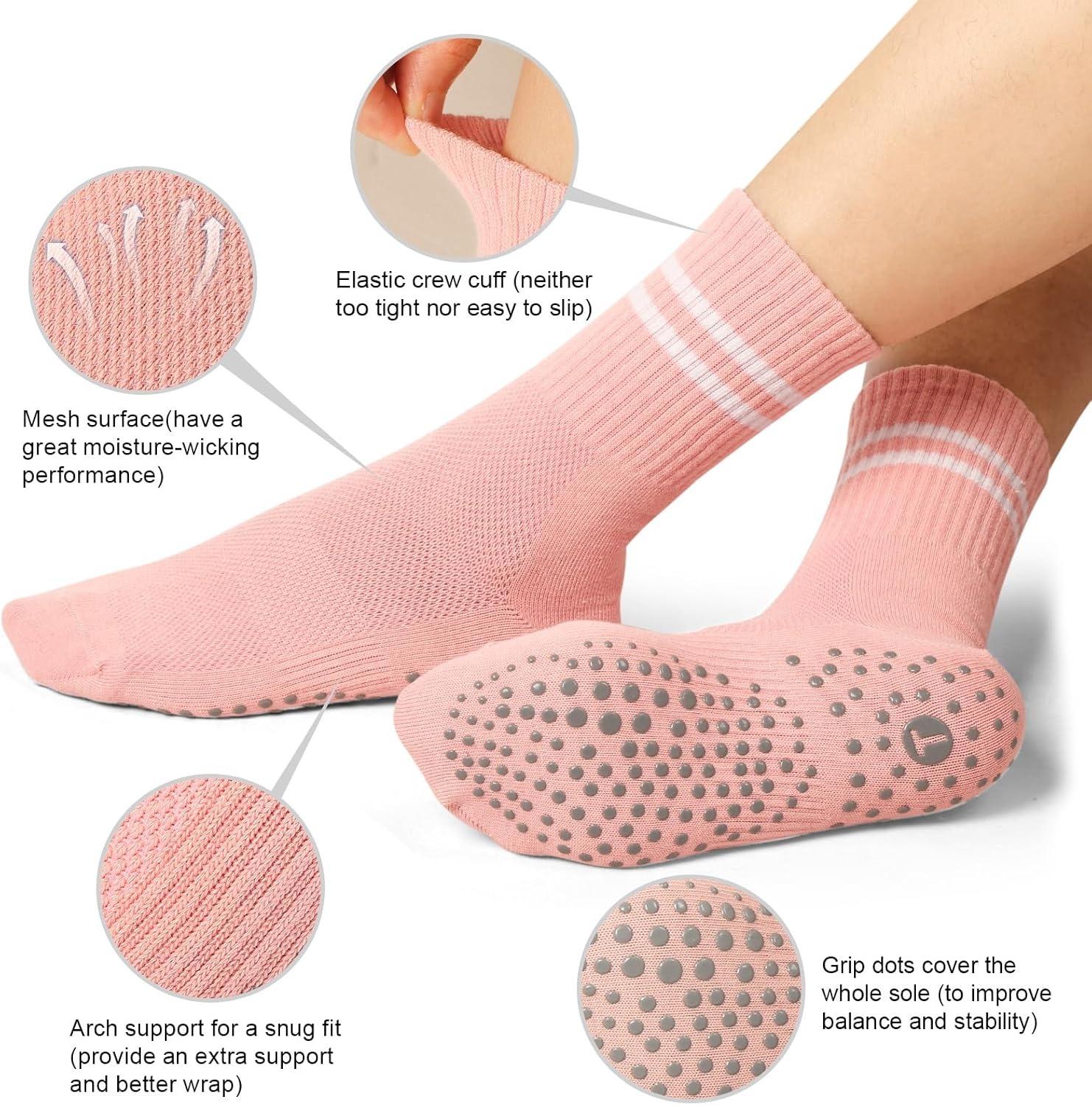 Women's Non Slip Pilates Socks - 4 Pairs of Athletic Yoga Crew Socks with Grippers for Barre, Hospital, and Home Use - Soft Cotton-Polyester Blend with Mesh Ventilation for Comfort and Stability - Cute Women's Non Slip Pilates Socks - 4 Pairs of Athletic Yoga Crew Socks with Grippers for Barre, Hospital, and Home Use - Soft Cotton-Polyester Blend with Mesh Ventilation for Comfort and Stability - Cute